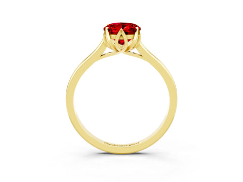 Yellow gold Oval Cut Ruby Solitaire Ring with Flower Prong Setting and Classic Band_27