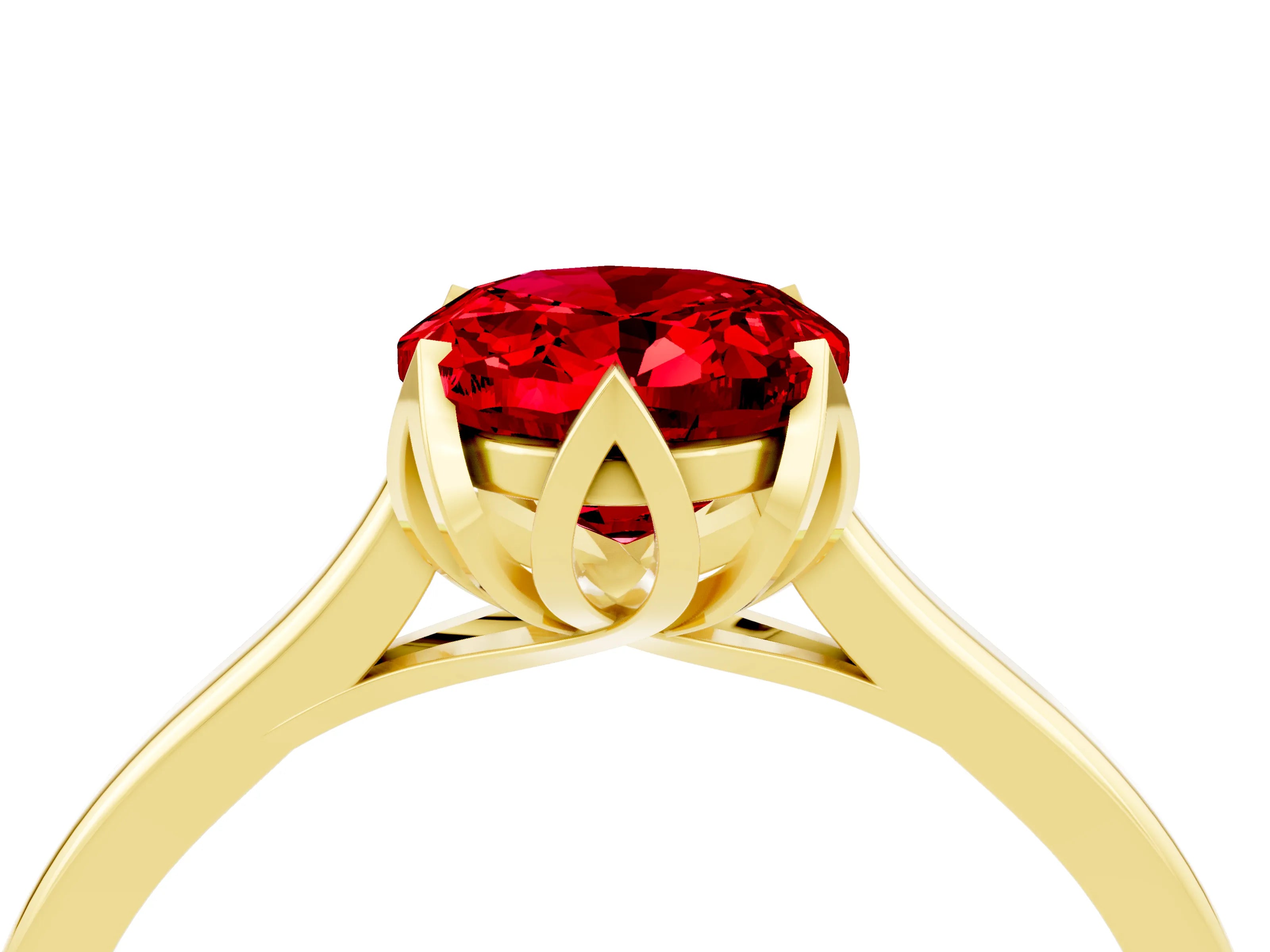Yellow gold Oval Cut Ruby Solitaire Ring with Flower Prong Setting and Classic Band_28