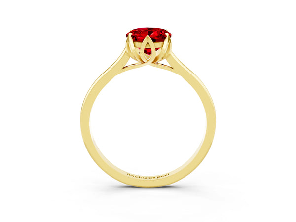 Yellow Gold Oval Lab-Grown Ruby Floral Solitaire Engagement Ring with Plain Band