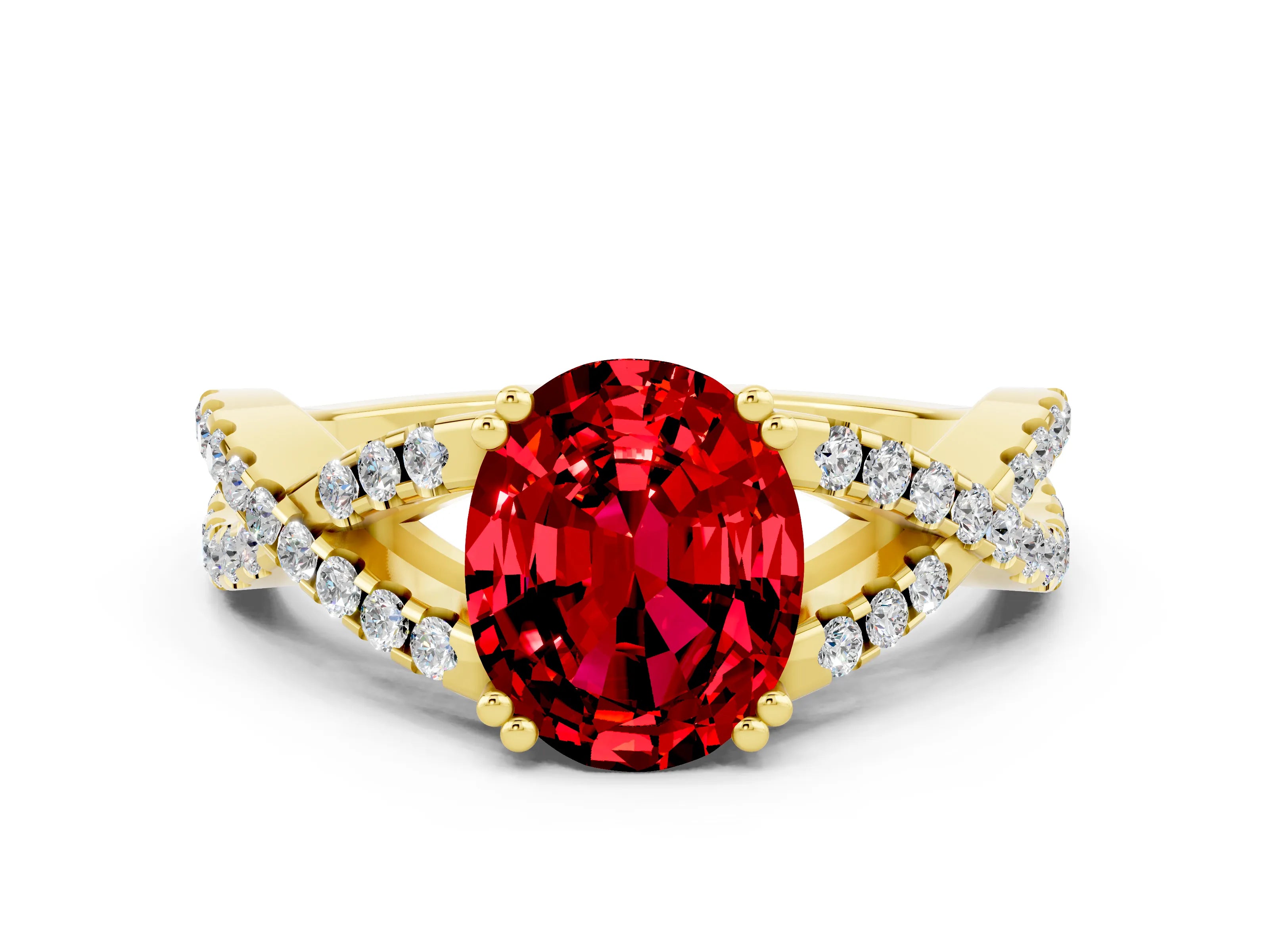 Yellow gold Oval Cut Ruby Solitaire Ring with Four-Prong Setting and Twisted Pavé Band