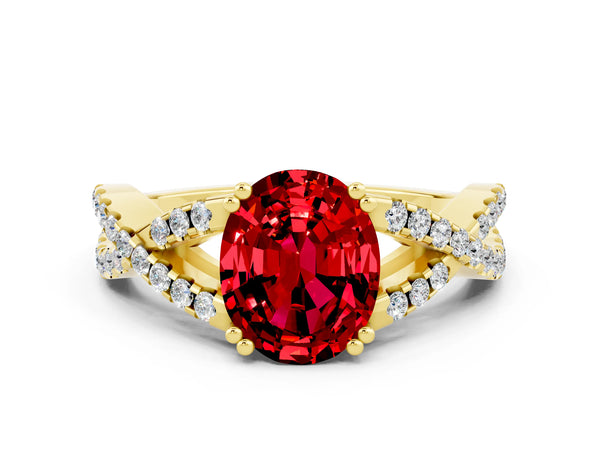 Yellow gold Oval Cut Ruby Solitaire Ring with Four-Prong Setting and Twisted Pavé Band