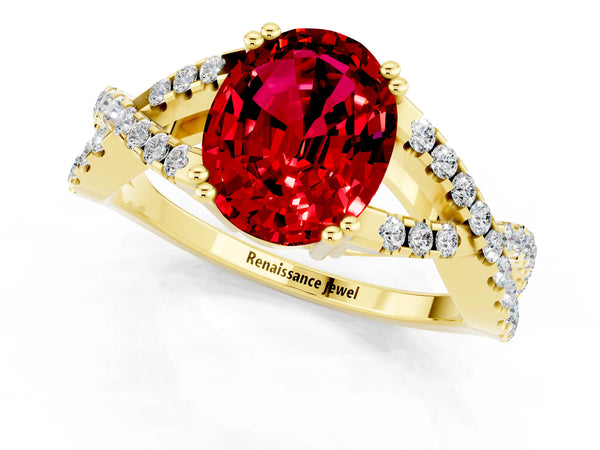 Yellow gold Oval Cut Ruby Solitaire Ring with Four-Prong Setting and Twisted Pavé Band
