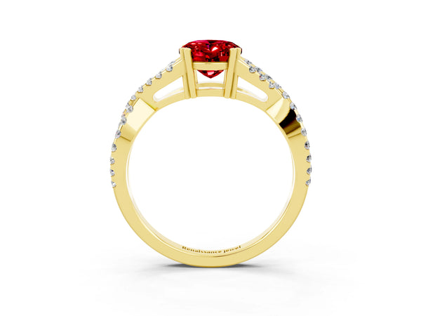 Yellow gold Oval Cut Ruby Solitaire Ring with Four-Prong Setting and Twisted Pavé Band