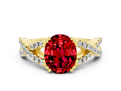 Yellow gold Oval Cut Ruby Solitaire Ring with Four-Prong Setting and Twisted Pavé Band