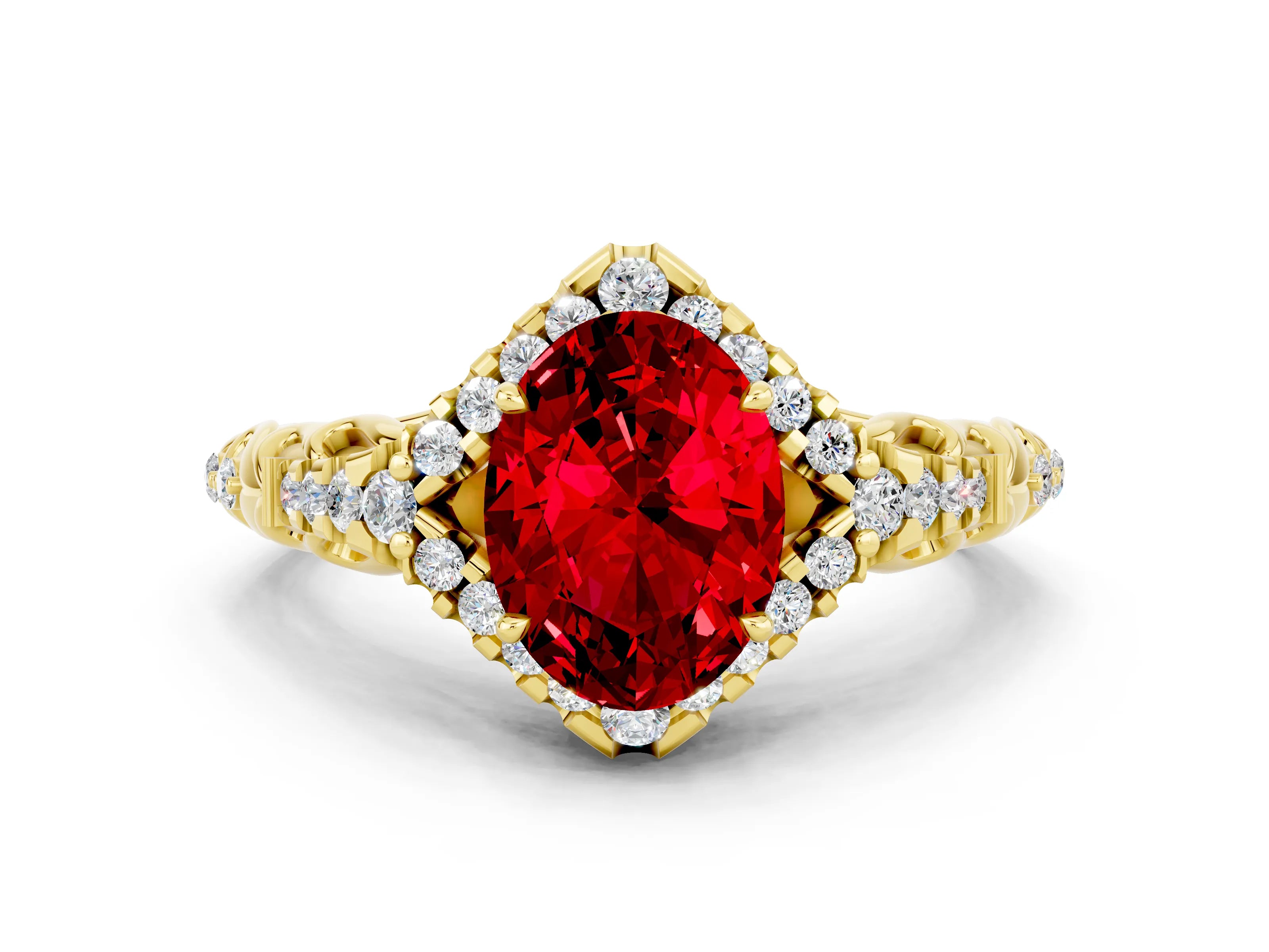 Yellow gold Oval Cut Ruby Solitaire Ring with Hidden Halo and Pavé Band_12