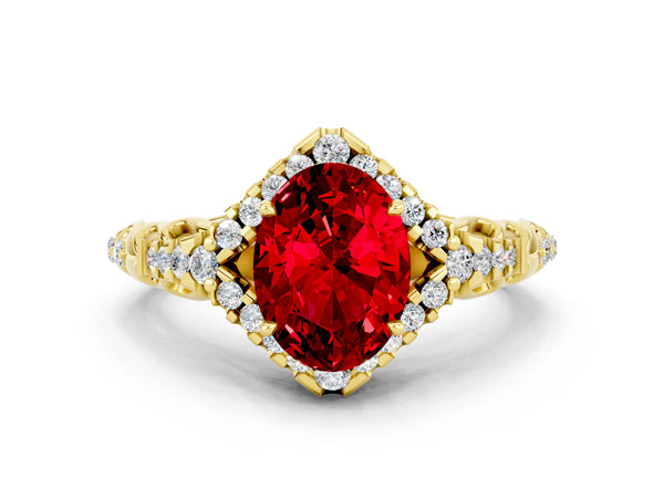 Yellow gold Oval Cut Ruby Solitaire Ring with Hidden Halo and Pavé Band