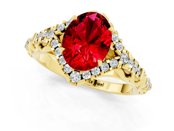 Yellow gold Oval Cut Ruby Solitaire Ring with Hidden Halo and Pavé Band