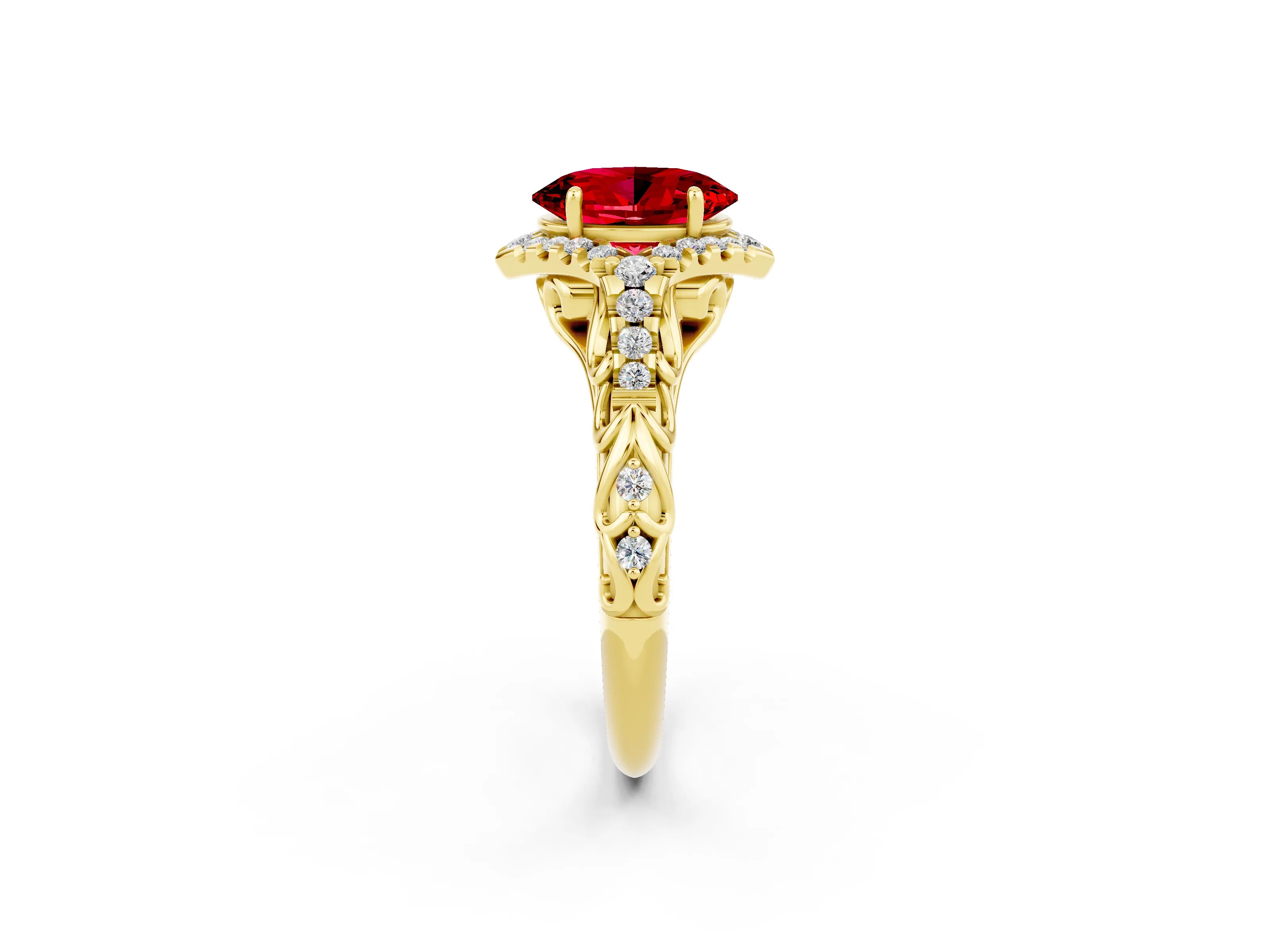 Yellow gold Oval Cut Ruby Solitaire Ring with Hidden Halo and Pavé Band_14