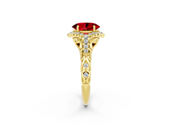 Yellow gold Oval Cut Ruby Solitaire Ring with Hidden Halo and Pavé Band