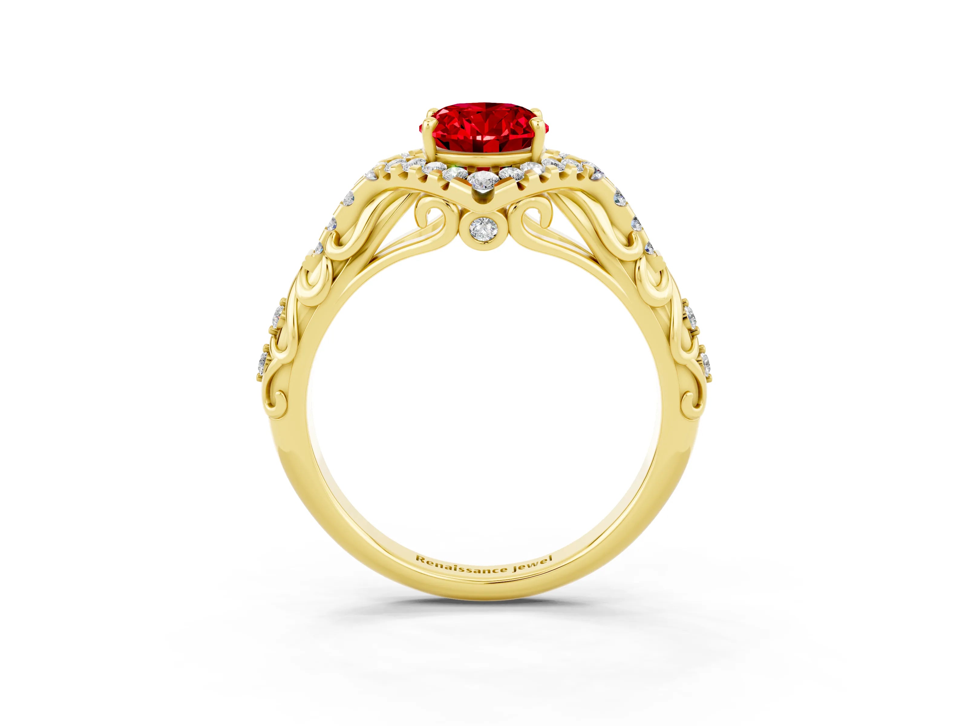 Yellow gold Oval Cut Ruby Solitaire Ring with Hidden Halo and Pavé Band_15