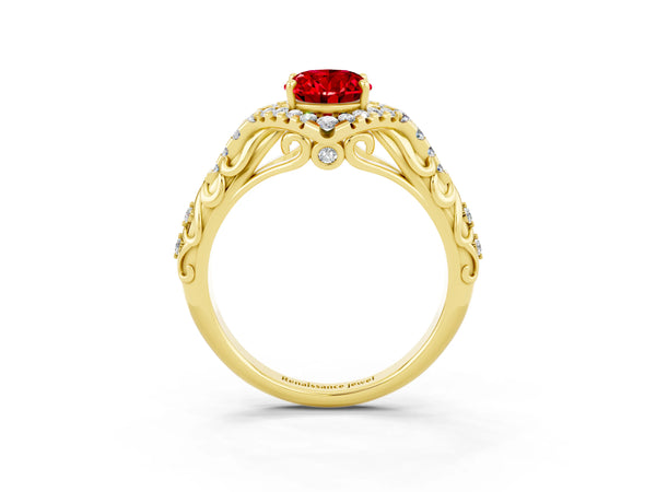 Yellow gold Oval Cut Ruby Solitaire Ring with Hidden Halo and Pavé Band