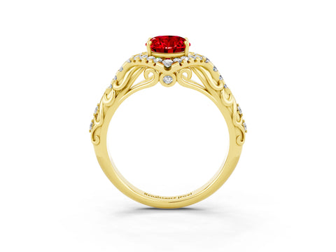 Yellow gold Oval Cut Ruby Solitaire Ring with Hidden Halo and Pavé Band_15