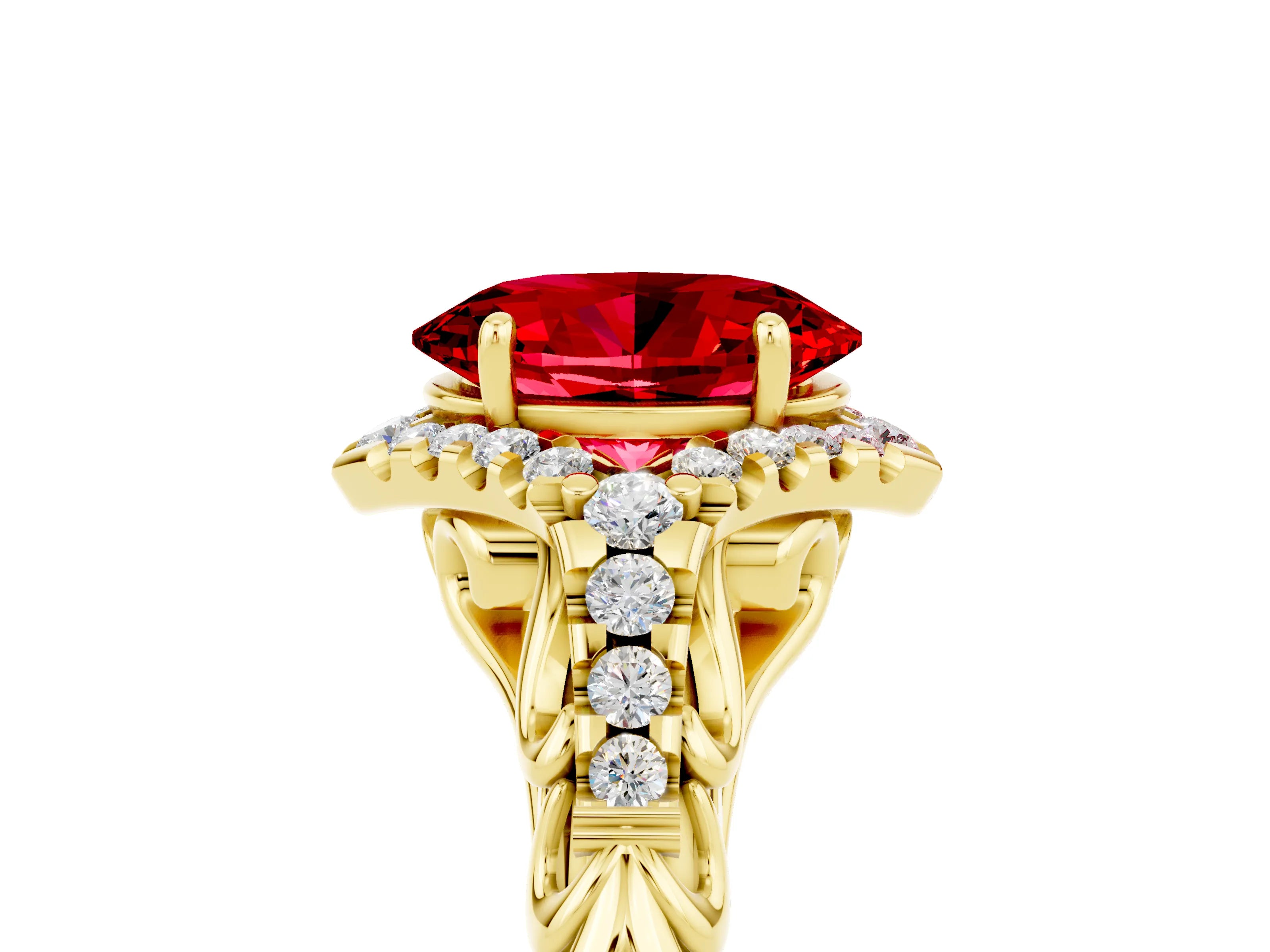 Yellow gold Oval Cut Ruby Solitaire Ring with Hidden Halo and Pavé Band_17