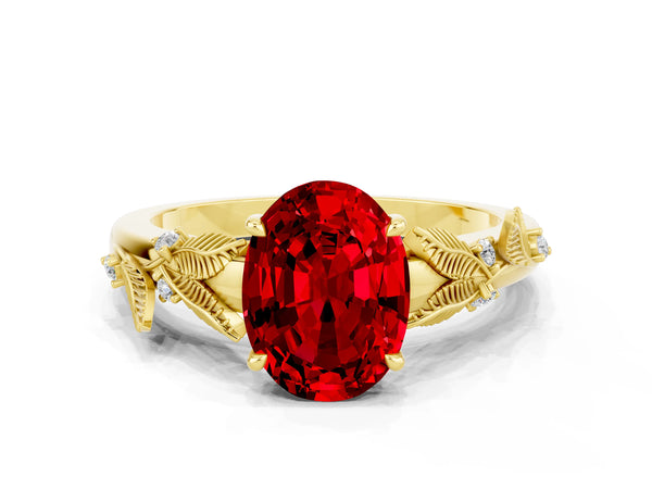 Yellow gold Oval Cut Ruby Solitaire Ring with Leaf Motif Band and Four-Prong Setting