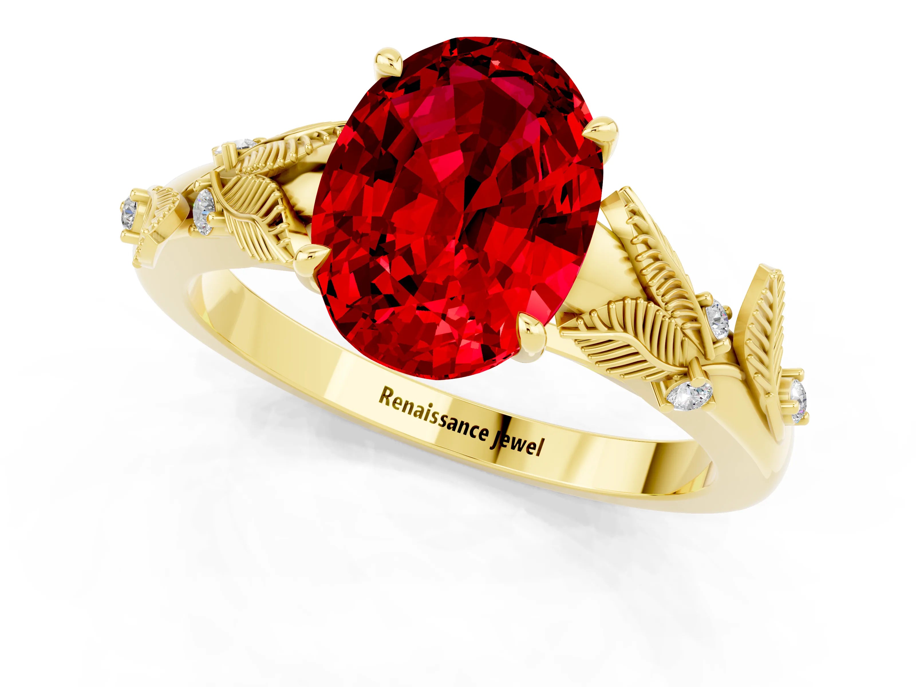 Yellow gold Oval Cut Ruby Solitaire Ring with Leaf Motif Band and Four-Prong Setting_1