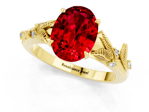 Yellow gold Oval Cut Ruby Solitaire Ring with Leaf Motif Band and Four-Prong Setting_1