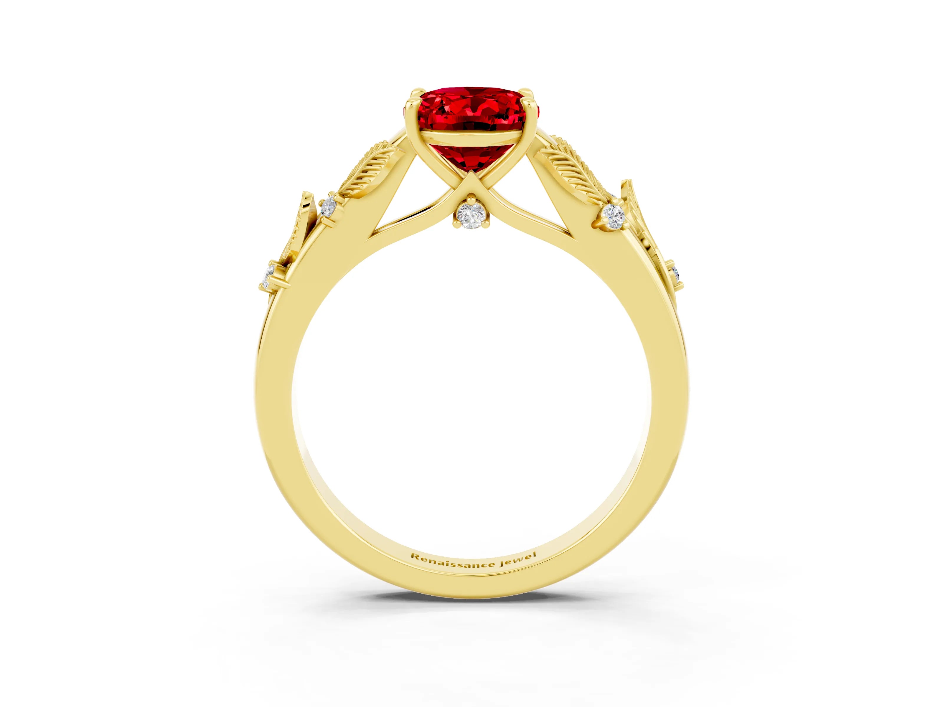 Yellow gold Oval Cut Ruby Solitaire Ring with Leaf Motif Band and Four-Prong Setting_3