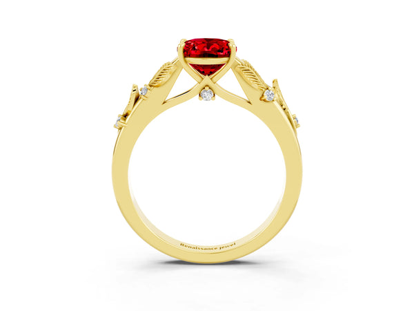 Yellow gold Oval Cut Ruby Solitaire Ring with Leaf Motif Band and Four-Prong Setting
