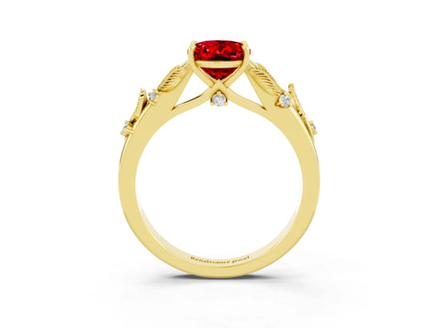 Yellow gold Oval Cut Ruby Solitaire Ring with Leaf Motif Band and Four-Prong Setting_3