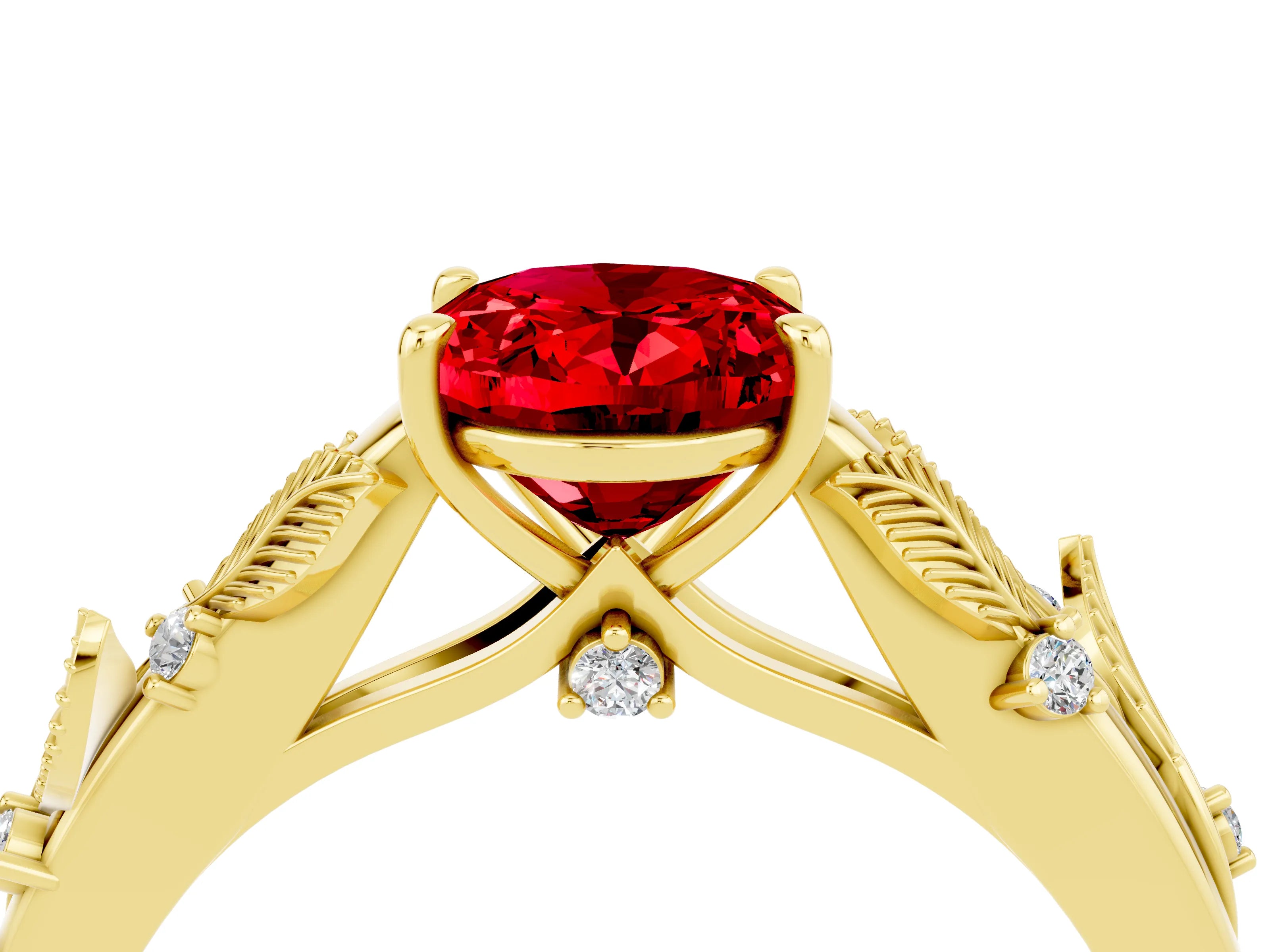 Yellow gold Oval Cut Ruby Solitaire Ring with Leaf Motif Band and Four-Prong Setting_4