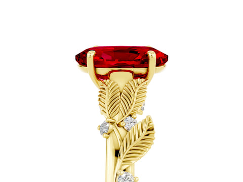 Yellow gold Oval Cut Ruby Solitaire Ring with Leaf Motif Band and Four-Prong Setting_5