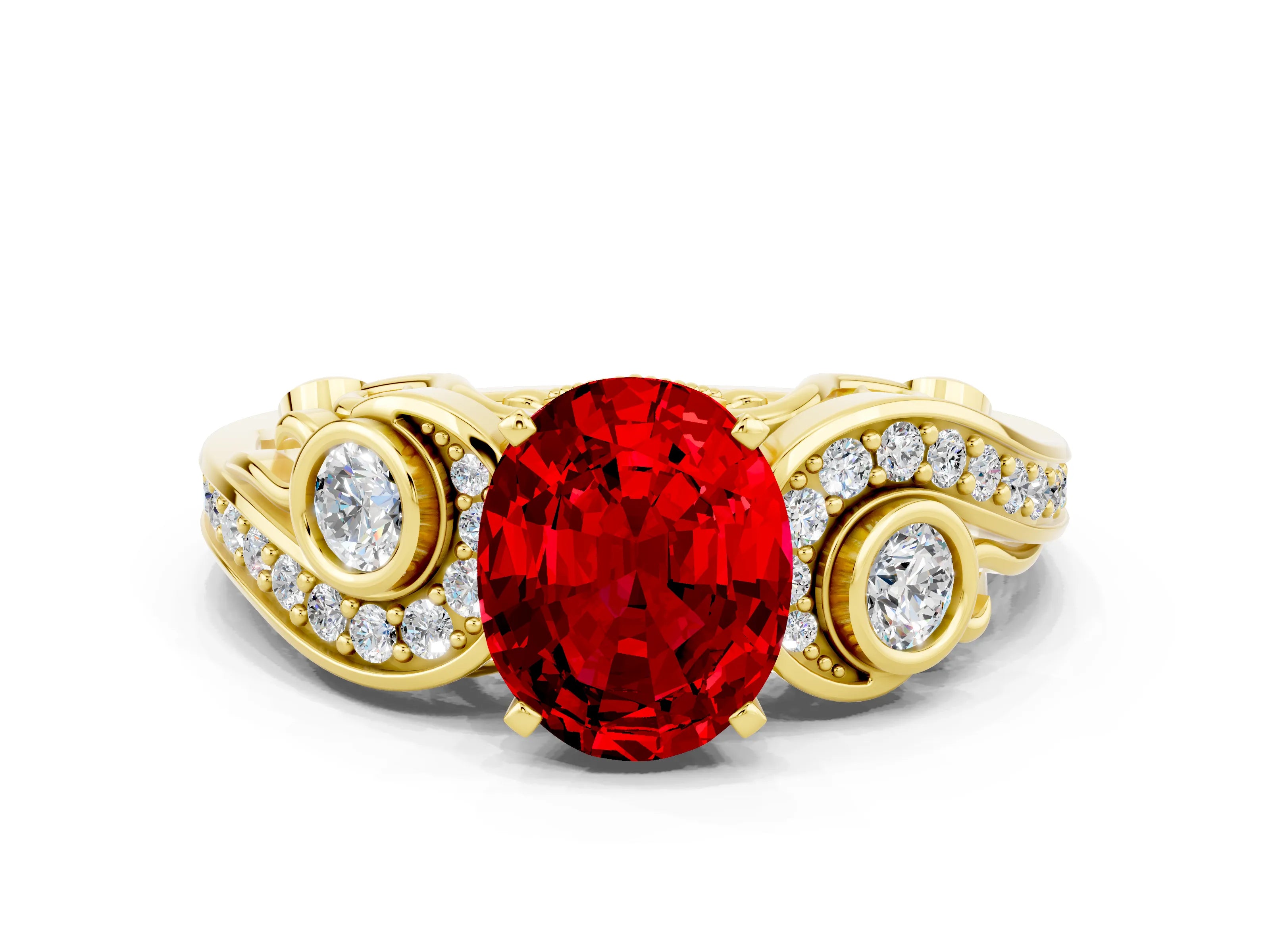 Yellow gold Oval Cut Ruby Solitaire Ring with Milgrain Pavé Band and Four-Prong Setting_24
