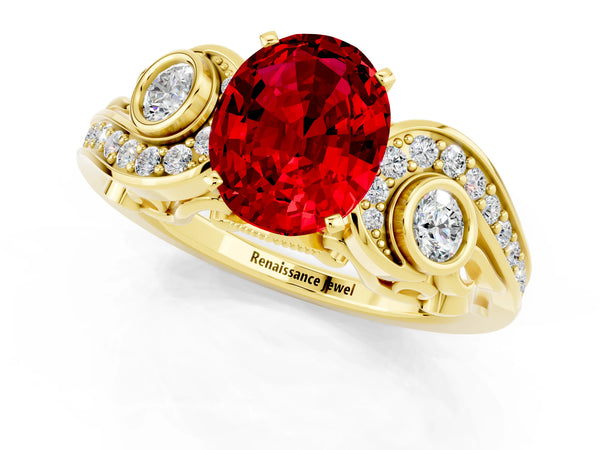 Yellow gold Oval Cut Ruby Solitaire Ring with Milgrain Pavé Band and Four-Prong Setting