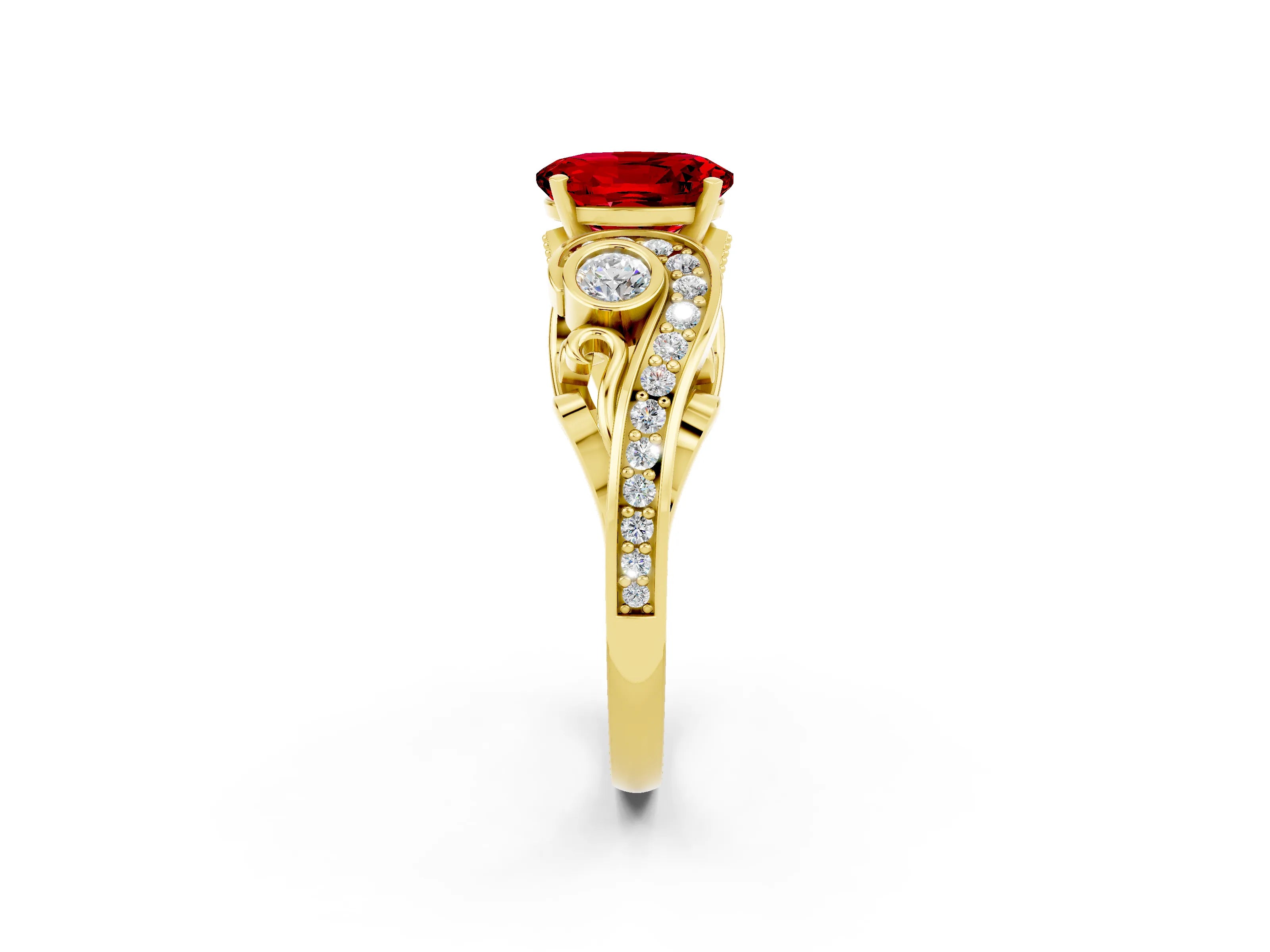 Yellow gold Oval Cut Ruby Solitaire Ring with Milgrain Pavé Band and Four-Prong Setting_26