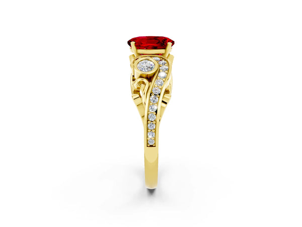 Yellow gold Oval Cut Ruby Solitaire Ring with Milgrain Pavé Band and Four-Prong Setting