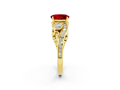 Yellow gold Oval Cut Ruby Solitaire Ring with Milgrain Pavé Band and Four-Prong Setting_26