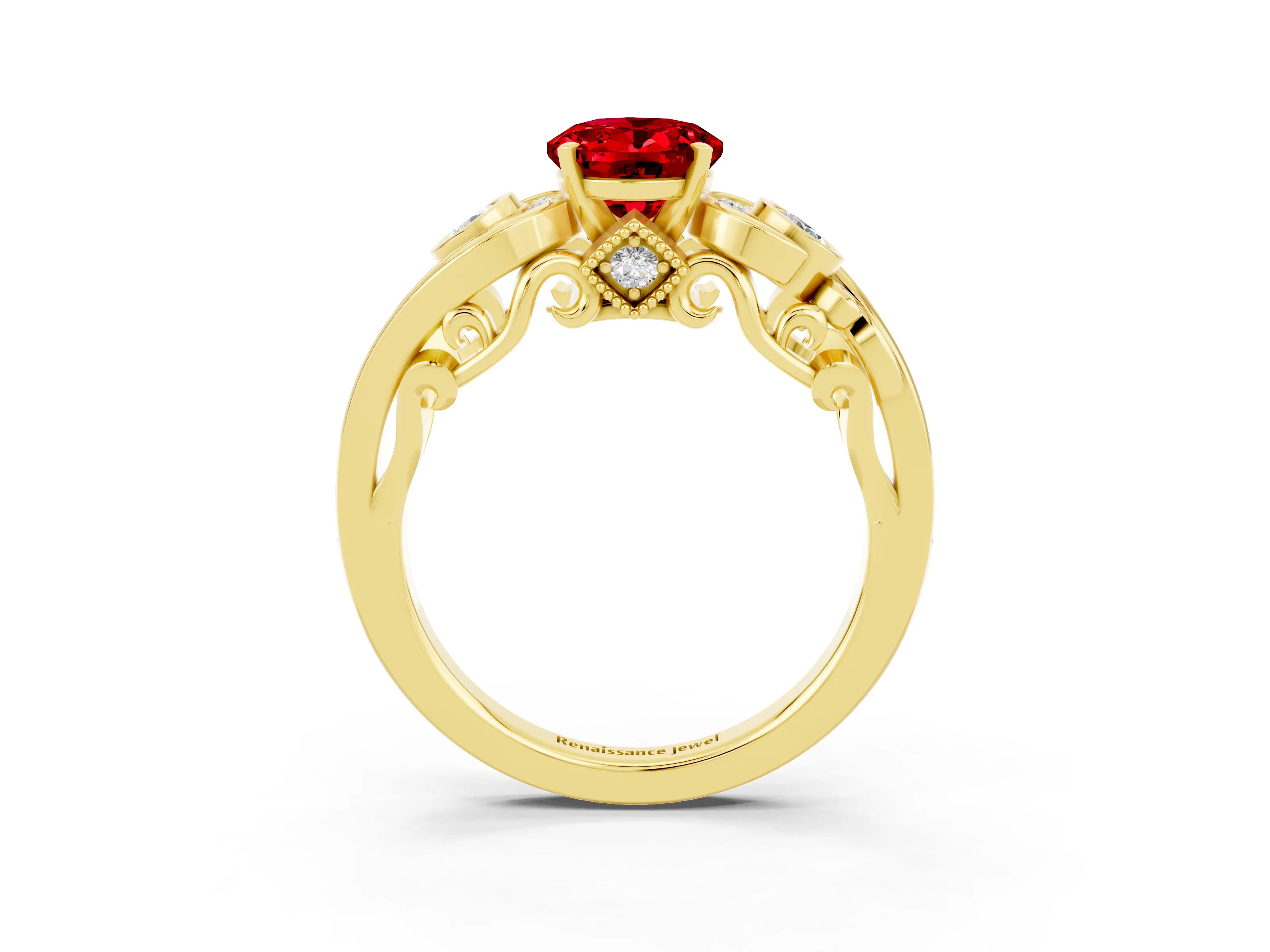 Yellow gold Oval Cut Ruby Solitaire Ring with Milgrain Pavé Band and Four-Prong Setting_27
