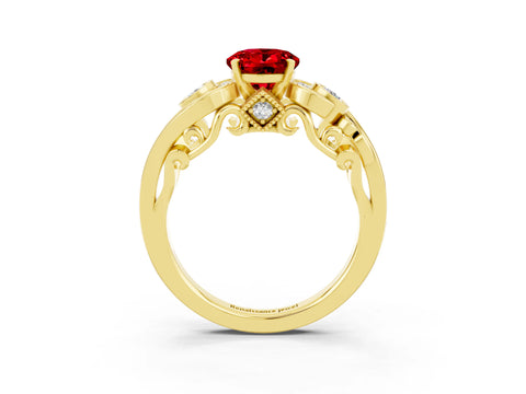 Yellow gold Oval Cut Ruby Solitaire Ring with Milgrain Pavé Band and Four-Prong Setting_27
