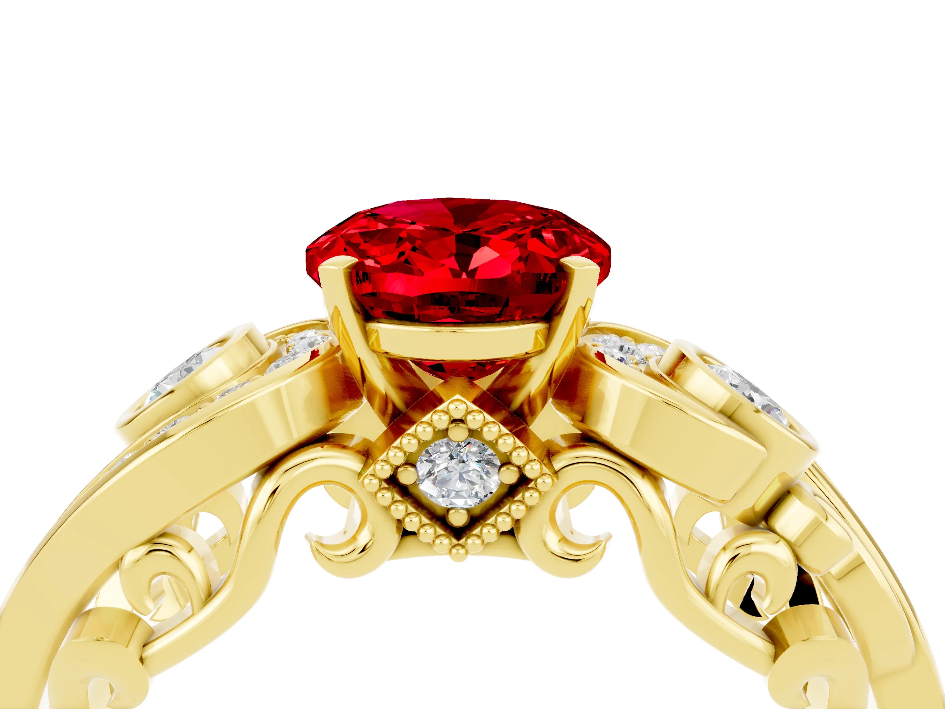 Yellow gold Oval Cut Ruby Solitaire Ring with Milgrain Pavé Band and Four-Prong Setting_28