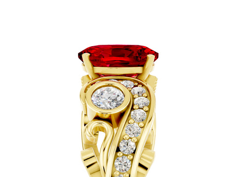 Yellow gold Oval Cut Ruby Solitaire Ring with Milgrain Pavé Band and Four-Prong Setting_29