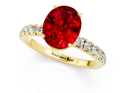 Yellow gold Oval Cut Ruby Solitaire Ring with Pavé Accents and Four-Prong Setting_1