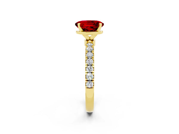 Yellow gold Oval Cut Ruby Solitaire Ring with Pavé Accents and Four-Prong Setting