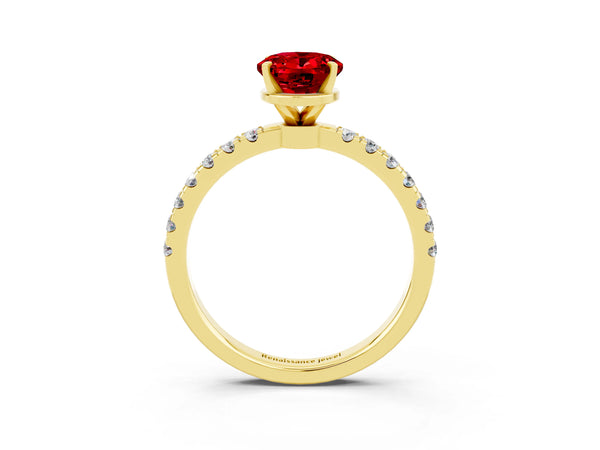 Yellow gold Oval Cut Ruby Solitaire Ring with Pavé Accents and Four-Prong Setting
