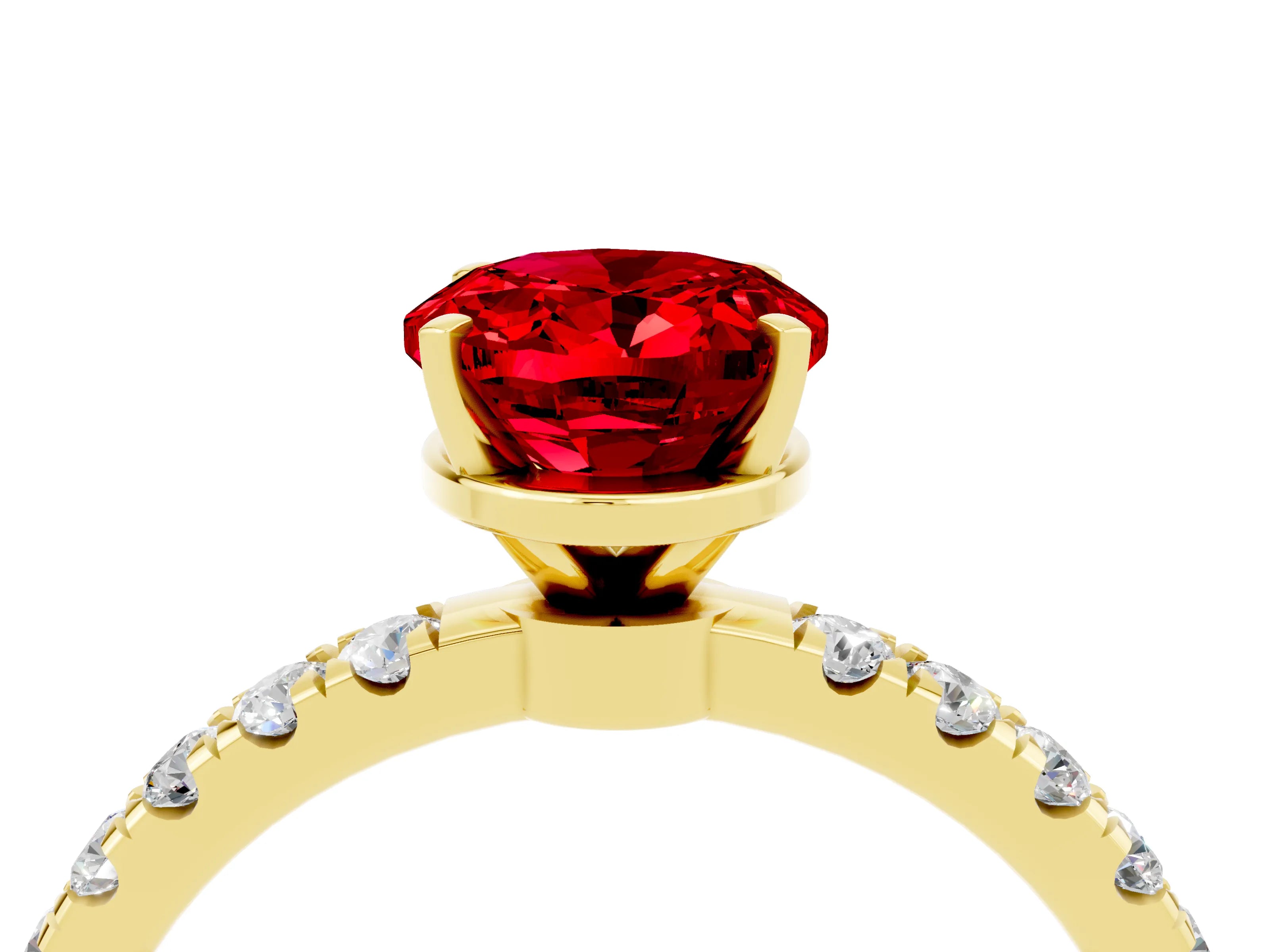 Yellow gold Oval Cut Ruby Solitaire Ring with Pavé Accents and Four-Prong Setting_4