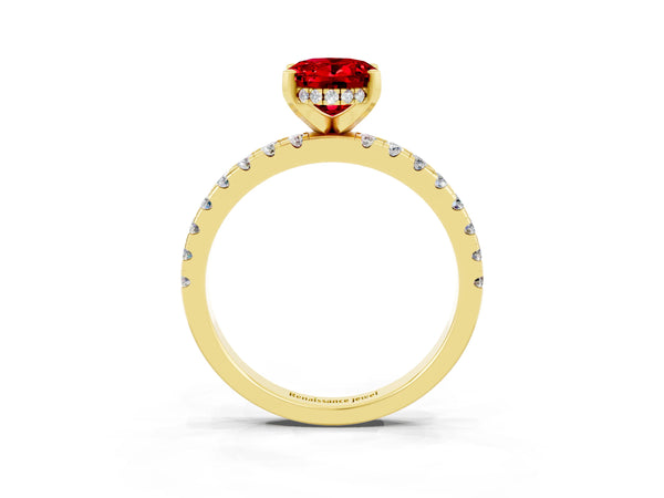 Yellow gold Oval Cut Ruby Solitaire Ring with Round  Pavé Band and Four-Prong Setting