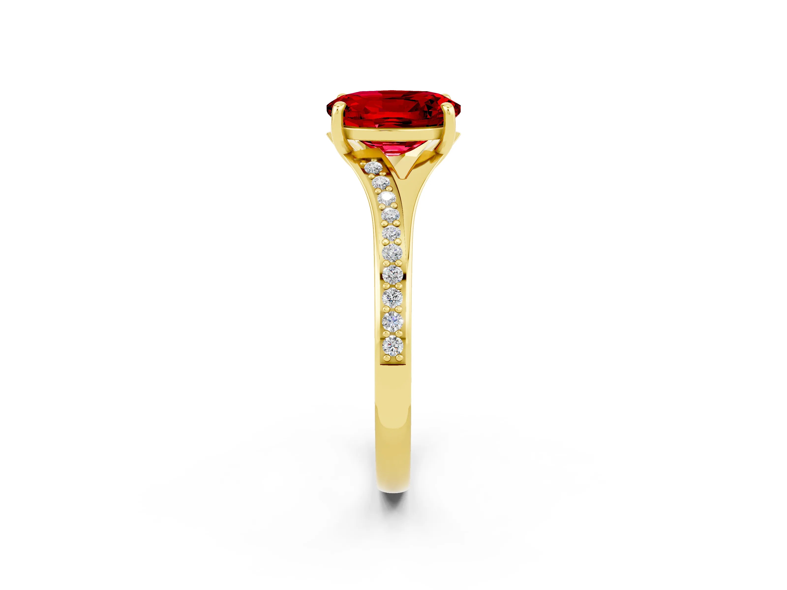 Yellow gold Oval Cut Ruby Solitaire Ring with Pavé Band and Prong Setting_14