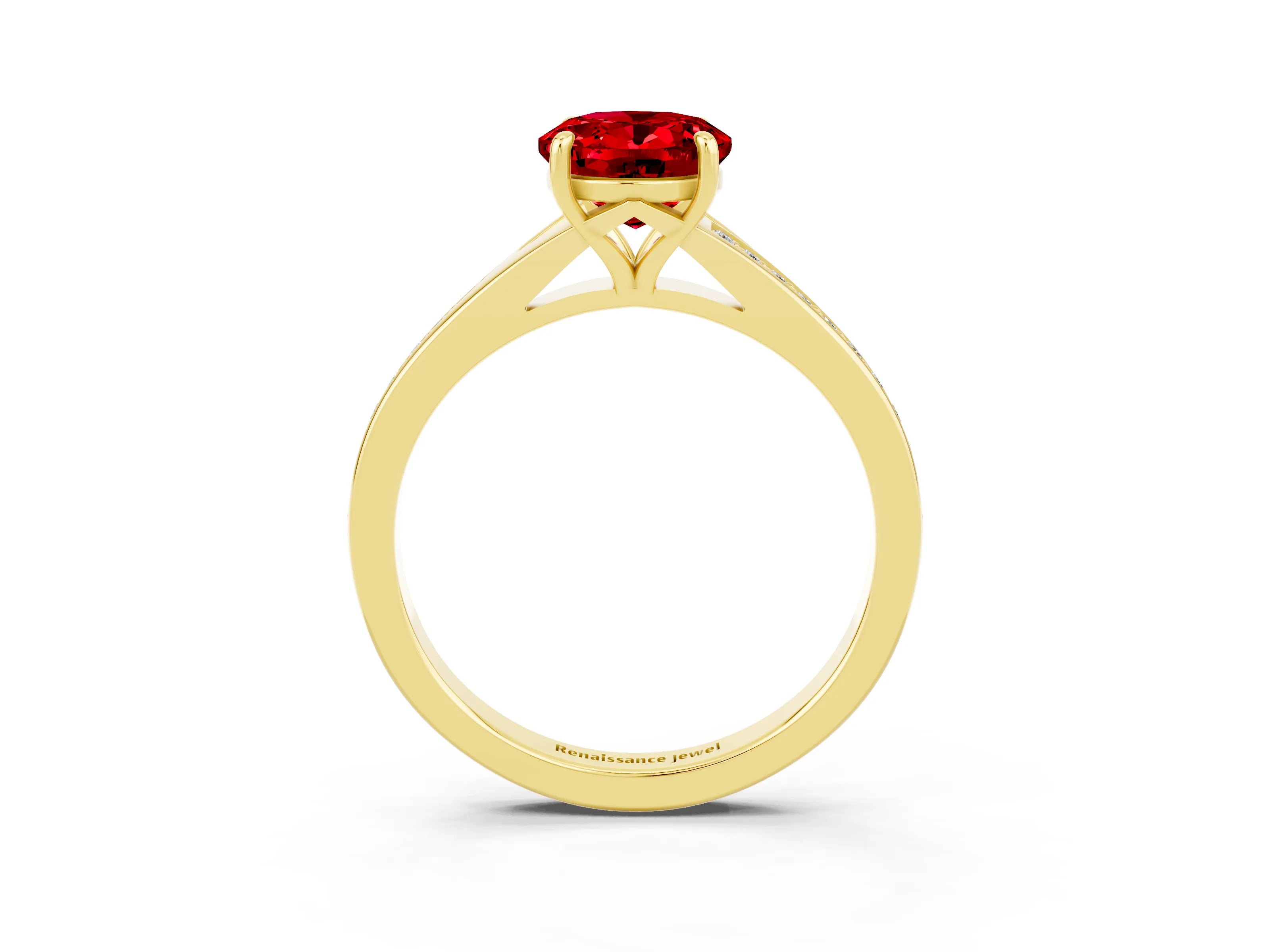 Yellow gold Oval Cut Ruby Solitaire Ring with Pavé Band and Prong Setting_15