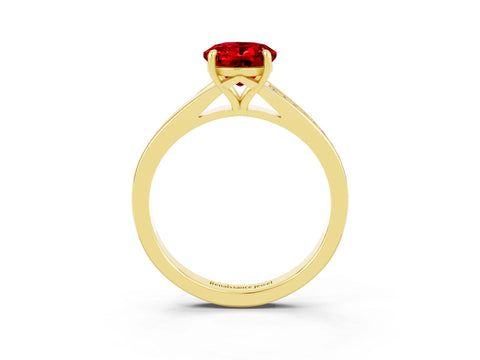 Yellow gold Oval Cut Ruby Solitaire Ring with Pavé Band and Prong Setting_15