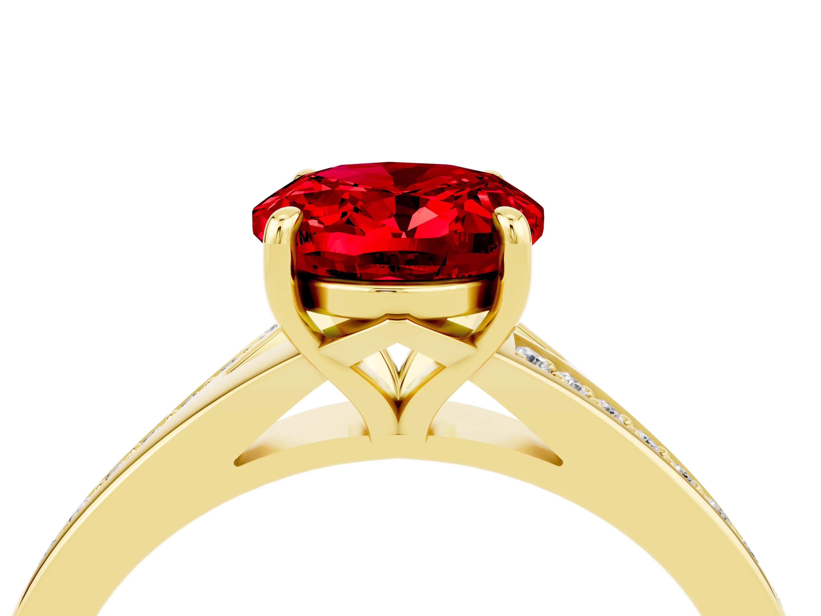 Yellow gold Oval Cut Ruby Solitaire Ring with Pavé Band and Prong Setting_16