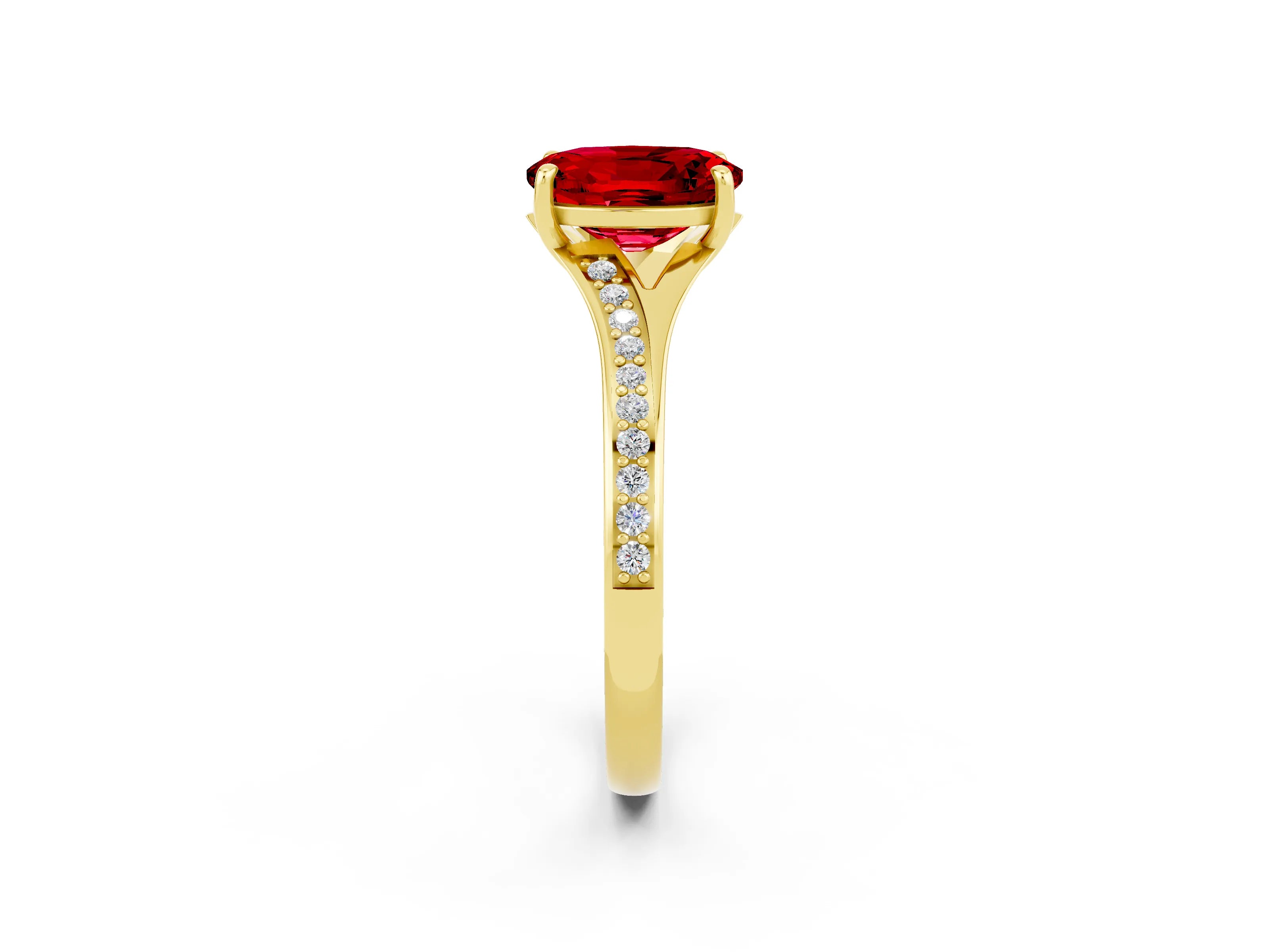 Yellow gold Oval Cut Ruby Solitaire Ring with Pavé Band and Prong Setting_2