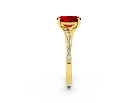 Yellow gold Oval Cut Ruby Solitaire Ring with Pavé Band and Prong Setting_2