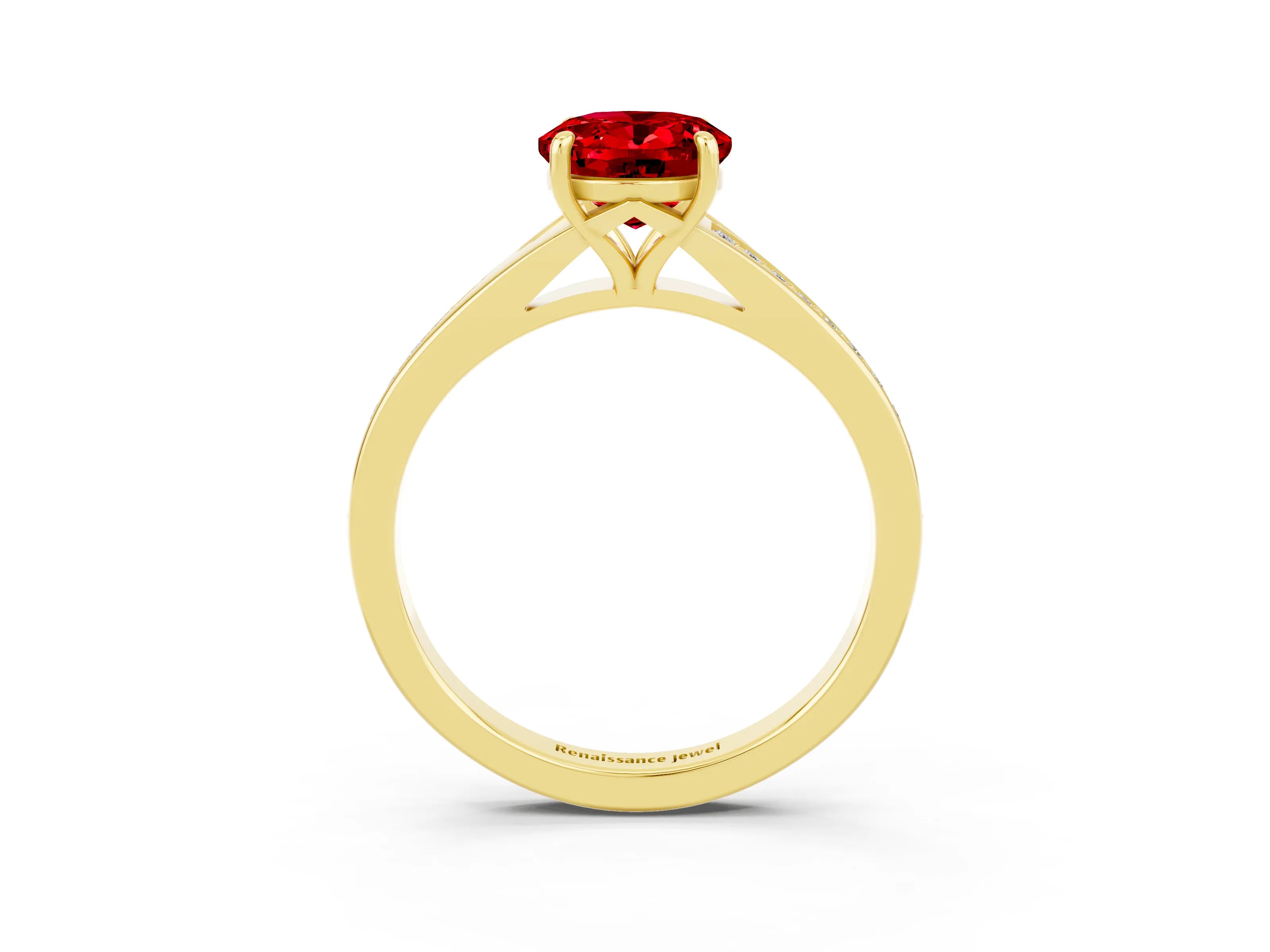 Yellow gold Oval Cut Ruby Solitaire Ring with Pavé Band and Prong Setting_3