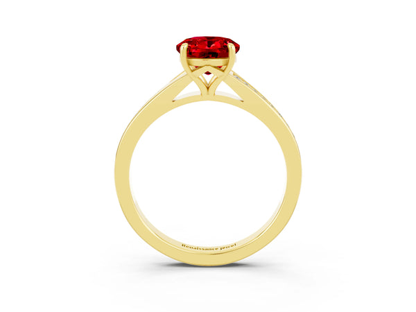 Yellow gold Oval Cut Ruby Solitaire Ring with Pavé Band and Prong Setting