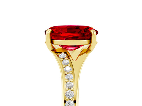 Yellow gold Oval Cut Ruby Solitaire Ring with Pavé Band and Prong Setting_5