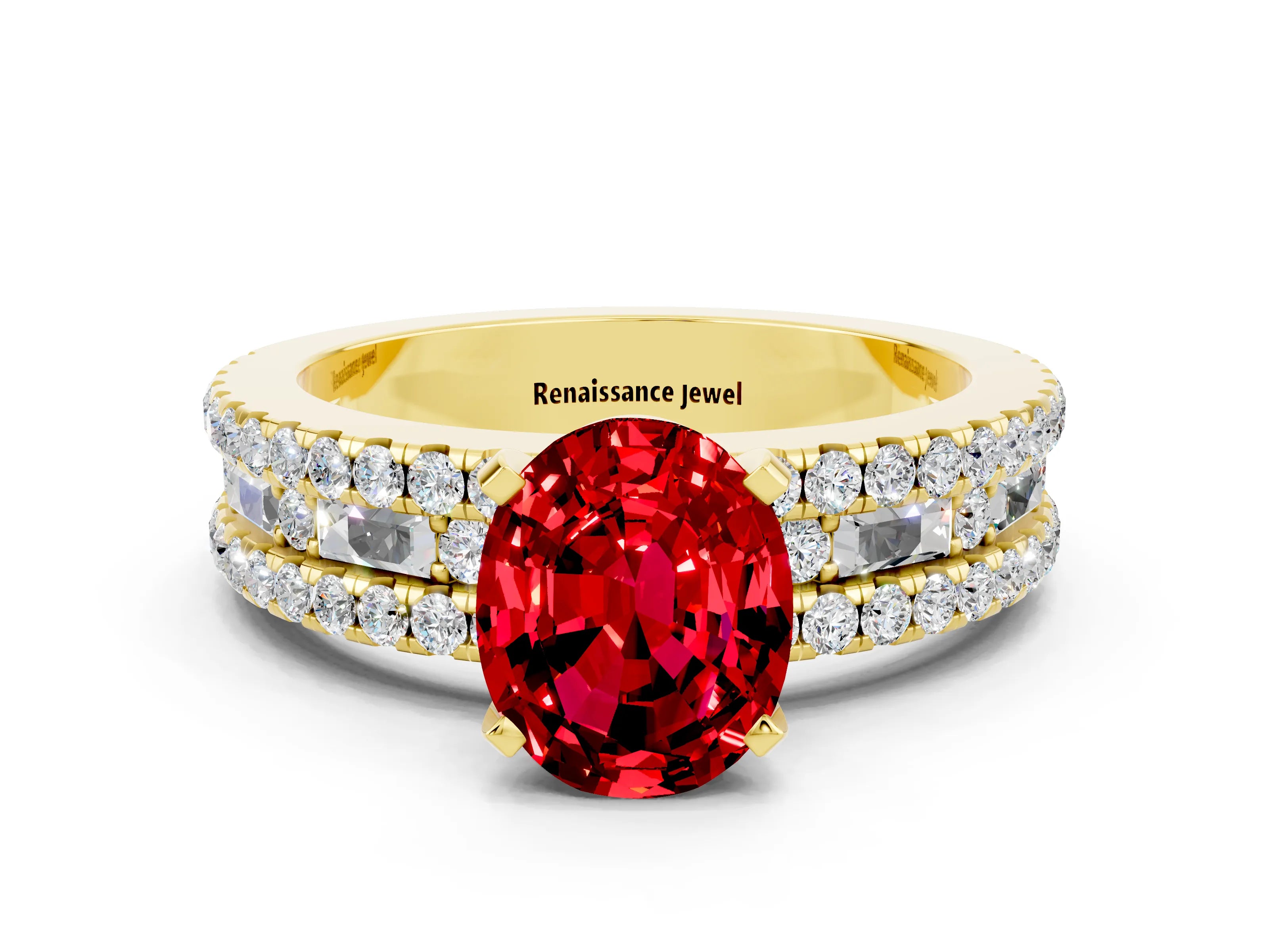 Yellow gold Oval Cut Ruby Solitaire Ring with Pavé and Channel Set Band