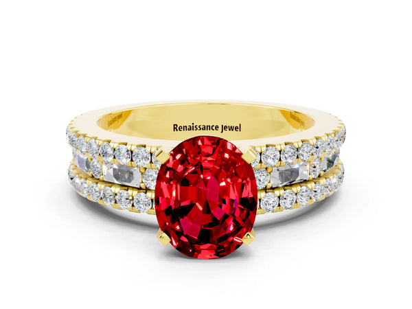 Yellow gold Oval Cut Ruby Solitaire Ring with Pavé and Channel Set Band
